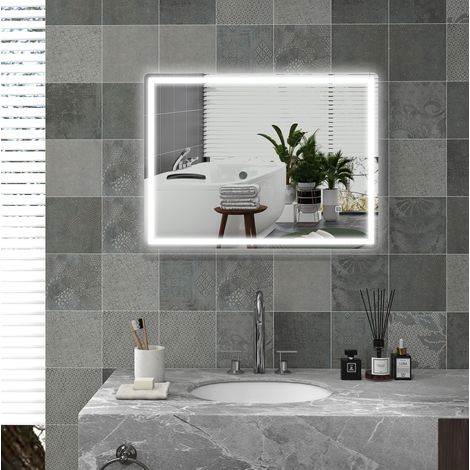 Specchio LED da bagno 80 x 60 cm, dimmerabile, antinebbia, con memoria, argento DESVIAE (1/5)