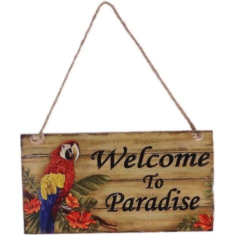 Plaque en bois vintage « Bienvenue au paradis » avec ficelle de jute pour la suspension (1/5)