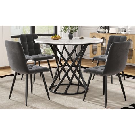 Table ronde 80 cm + 4 fauteuils velours, set salle à manger design moderne, mobilier cuisine, plateau blanc en MDF, piétement métal noir