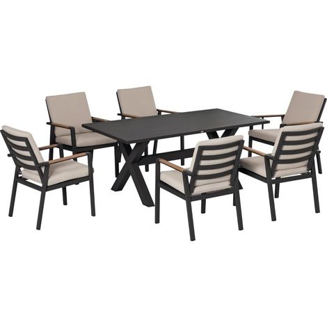 Ensemble de jardin pour 6 personnes : 1 table et 6 chaises résistantes aux intempéries, dimensions 175 × 92 × 73 cm, couleur noir et gris (1/5)