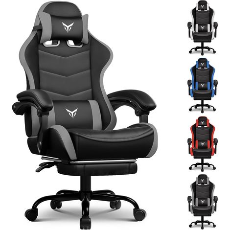 Fauteuil de Gaming Ergonomique, Chaise de Bureau avec Repose-Pieds, Appui-tête et Soutien Lombaire Réglables, Fauteuil Gamer, Gris (1/5)