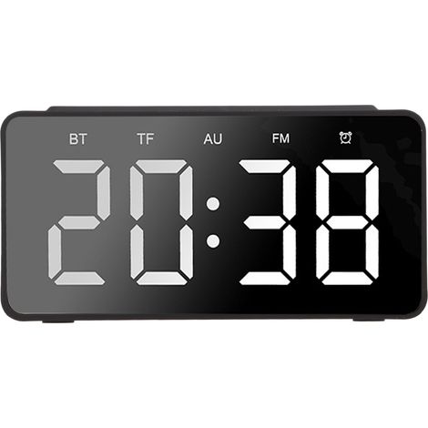 Réveil numérique sans fil avec fonction de chargement de téléphone portable, design miroir LED, compatible avec les cartes mémoire électroniques, radio-réveil FM noir. (1/5)