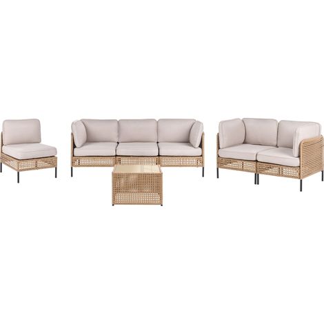 Set da giardino modulare in rattan PE con tavolino in vetro, 6 posti, struttura in metallo con cuscini, beige chiaro OMEGANA
