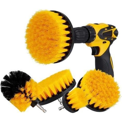 Ensemble de Brosse de Nettoyage 4 Pièces Brosse pour Perceuse Voiture Tapis Baignoire Cuisine Carrelage Toilettes Jaune (1/4)