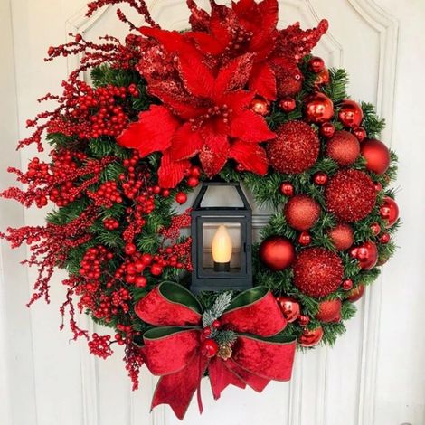 Couronne de Noël lumineuse avec ruban et nœud pour porte d'entrée - décoration de Noël artificielle hivernale, 1 pièce (rouge), 30 cm