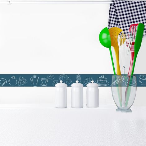 Frise Autocollante 5 cm X 300 cm - Décoration Murale Petit Déjeuner Azur avec Brioche et Glace Dessinée (1/2)