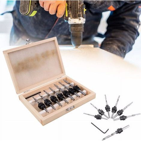 Coffret de 7 forets à fraiser pour bois en acier rapide, avec clé hexagonale et boîte en bois. (1/5)