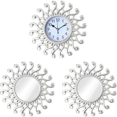 longziming - Ensemble horloge murale avec miroirs - Horloge et miroir - Décoration murale - Mouvement à quartz silencieux - Design bohème - Plastique - Effet décoratif et agrandissant l'espace - 3 piè (1/5)