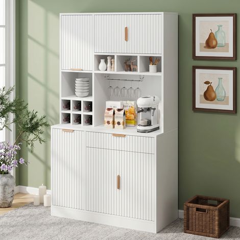 Buffet haut de salle à manger 100×40×175 cm, rangements à plusieurs niveaux, prise électrique intégrée et ports USB-C et USB-A, comprenant un porte-verres à vin et un rangement pour bouteilles, blanc (1/5)