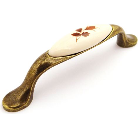 Porzellangriff VENUS BA 96 mm Cremefarbig / Messing Antik - Blatt (1/4)