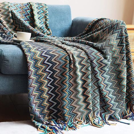 Couverture tricotée à motif pied-de-poule coloré - Style bohème, chaude et confortable - 130 cm x 220 cm (1/5)