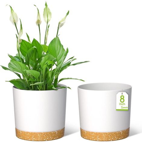 Pots de Fleurs de 20cm, Jardinières Modernes avec Trous de Drainage et Soucoupe Détachable, Pots de Fleurs en Plastique pour Plantes d'Intérieur et de Jardin (Blanc, Lot de 2) (1/5)