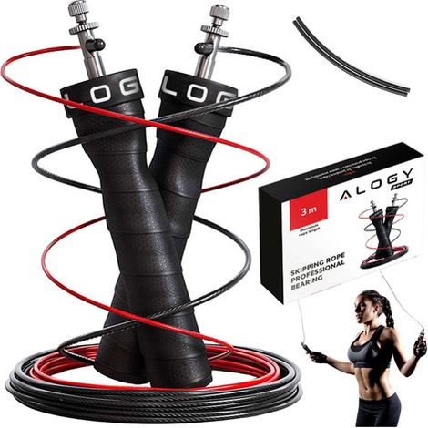 Cuerda para saltar ajustable para boxeo CrossFit Fitness Alogy Sport con cuerdas intercambiables, 300 cm, rodamientos, cómoda, color negro. (1/5)