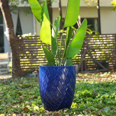 Grand pot de fleurs en céramique artisanale, 42 cm de diamètre × 54 cm de hauteur, bleu roi à motif losanges, respirant, résistant au gel, avec trous de drainage pour grandes plantes d'intérieur et de (1/4)