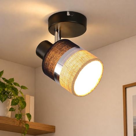 ZMH Plafonnier lampe unique ampoule LED E14 noir style rétro en métal et tissu rotation à 350° applique murale pour couloir cuisine et salon (ampoule non incluse) (1/5)