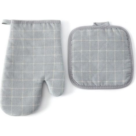 Set di guanti da forno e presina a quadri grigi - 2 pezzi Resistenti al calore, eleganti e lavabili Per cucina, cottura al forno e barbecue (1/2)