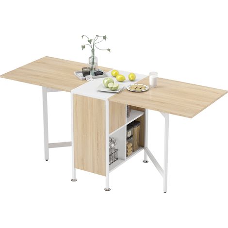 HOMCOM Klappküchentisch für 4 Personen, mit Ablagefächern, Maße ausgeklappt 169 x 62 x 75 cm, helle Eiche MDF-Platte, weißer Stahl