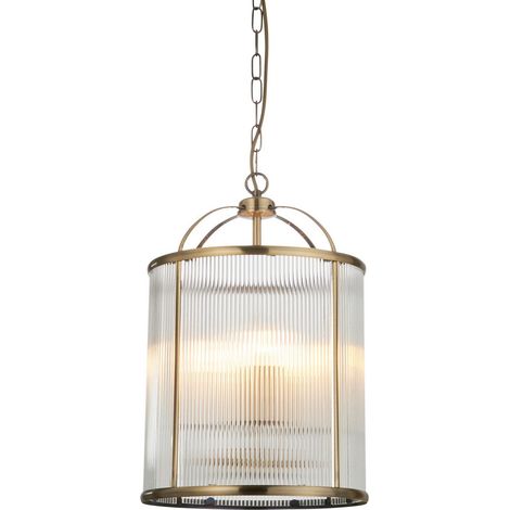 Endon Lambeth Ribbed Glass Plafonnier suspendu à 4 lumières, laiton antique