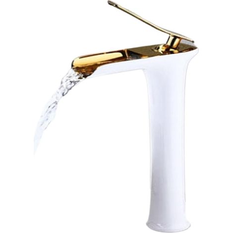 Robinet de cuisine Robinet de lavabo blanc chromé, mitigeur d'évier de salle de bains en cascade monté sur le pont, robinet d'eau chaude et froide à poignée(White high) (1/5)