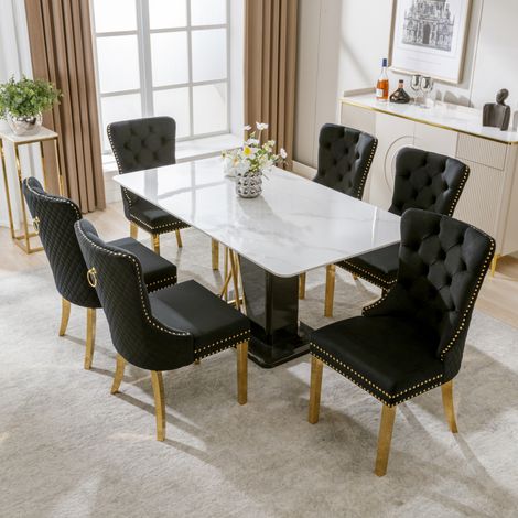 Chaises velours noir/or – Lot 6 – Anneaux ronds – Rembourrées – Cloutées – Pieds inox plaqué or – Salon/Cuisine (1/5)