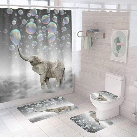 Ensemble rideau de douche éléphant amusant avec tapis, décoration de salle de bain durable et imperméable pour les espaces enfants (1/5)