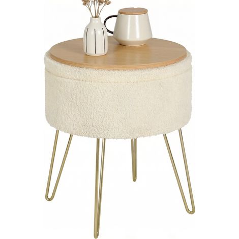 CHICFURN Pouf contenitore rotondo 39x44 cm in MDF e poliestere beige con vassoio, 1 pezzo (1/5)