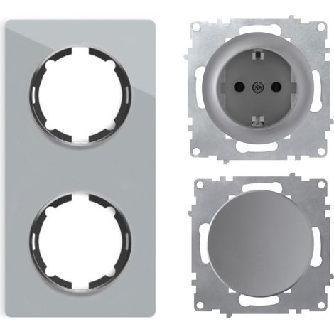 Plaque de finition 2 postes Garda, vertical + 1 Interrupteur simple allumage + 1 Prise avec terre - gris