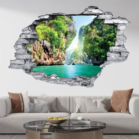 Stickers Trompe l'oeil trou dans le mur - Crique - 30 x 45 cm - Pierres grises (1/5)