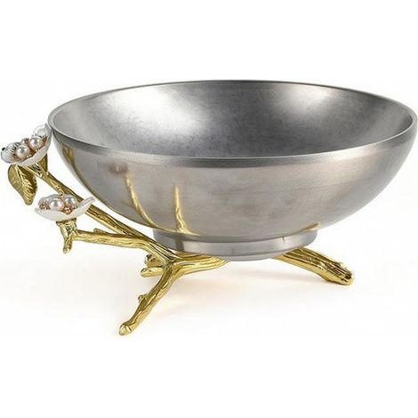 Industrial Tray Decorative Bowl Fruit Cup Centerpiece in Alloy with Shiny Silver Finish and Floral Sculpted Base Suitable for (1/5)