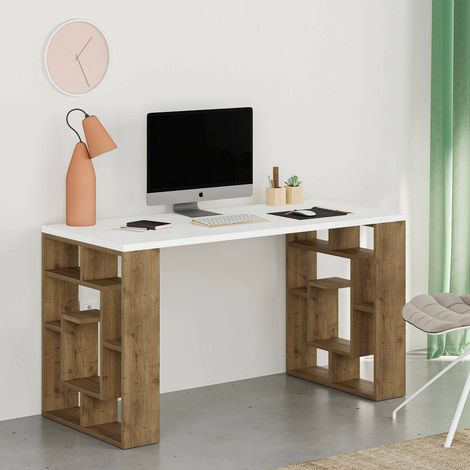 Scrivania Archidamia, Materiale Piano in Legno Nobilitato, Colore Ripiano Bianco, Colore Struttura Marrone, 140x60x75h cm Bianco (1/4)