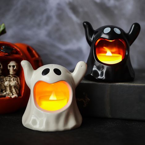 Lot de 2 bougies LED sans flamme - Motif fantôme mignon - Une noire et une blanche (1/5)