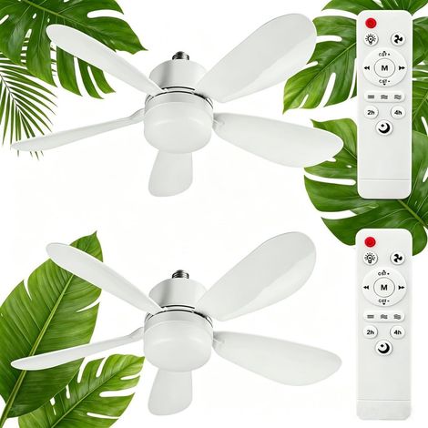 2 Pièces Ventilateur de Plafond avec Lumière LED Dimmable E27/E26 5 Pales Télécommande Incluse, 3 Vitesses, Minuterie, Silencieux, Salon & Chambre (1/5)