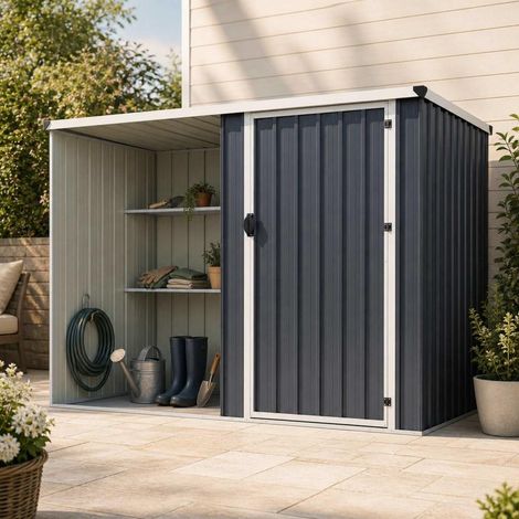 Pour jardiniers, accès facile avec cette cabane de rangement en métal, porte cadenassée et toit incliné gris (1/5)