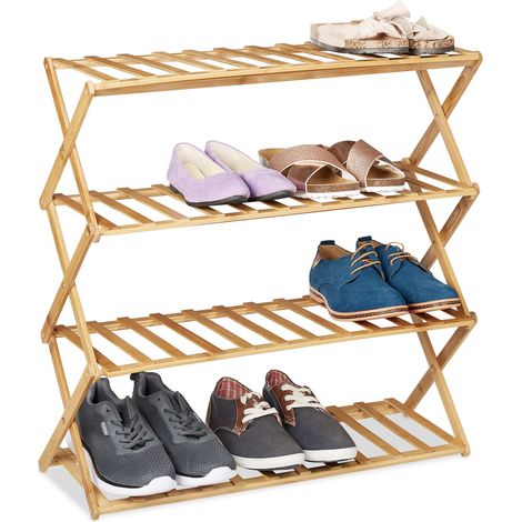 Relaxdays faltbares Schuhregal, 4 Ebenen, 12 Paar Schuhe, Zuhause & Camping, Bambus Schuhständer, HBT 68x67x26 cm, natur