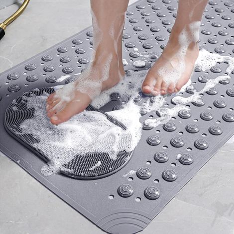 Tapis de bain antidérapant à ventouses, tapis de douche 68,5 x 35,5 cm avec trous d'évacuation et brosse de massage pour les pieds, lavable en machine, gris (1/5)