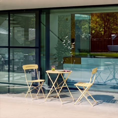 sweeek - Table de jardin bistrot pliante ronde acier + 2 assises jaune - Balconea (1/5)