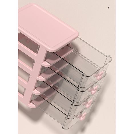 Boîte de rangement de bureau, plastique transparent multicouche, grande capacité, poignée lapin, petit tiroir, organiseur de livres et de stylos, rose, 4 niveaux (13,4 x 17 x 21 cm) (1/5)