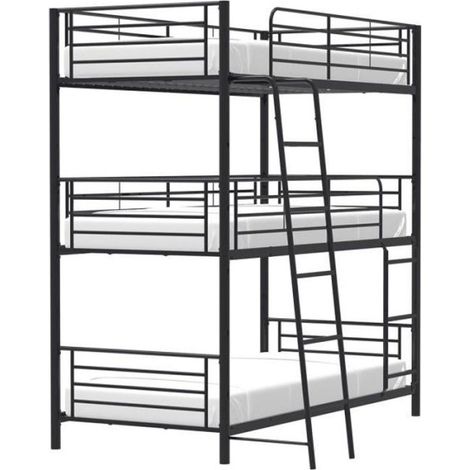 Lit superposé en métal noir 3 places – Dimensions 3x90x190 cm – Sommier inclus – Design compact pour optimiser l'espace (1/7)