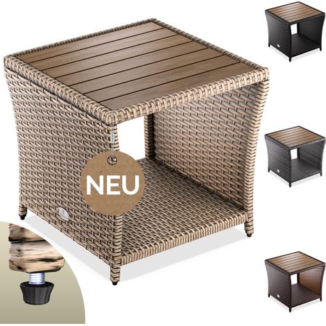 CASARIA® Table d'appoint en polyrotin 45x45x40cm avec plateau en bois d'acacia Petite table basse de jardin balcon extérieur Crème (1/5)