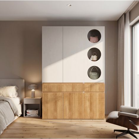 Armario ropero de 6 puertas con 2 cajones y barra para colgar, 135 x 50 x 200 cm, acabado madera clara y gris, CHICFURN, para dormitorio, recibidor u oficina (1/5)