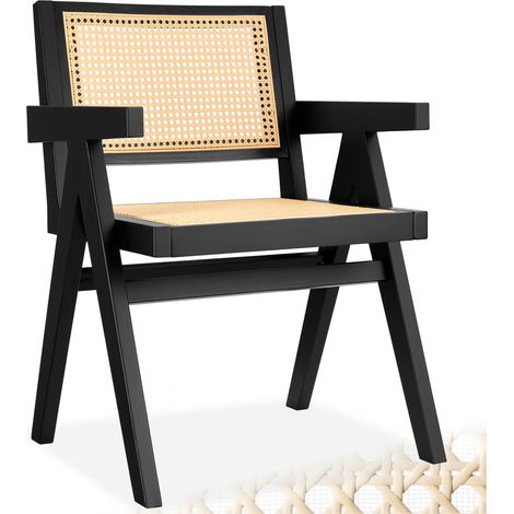 Chaise de salle à manger cannage viennois accoudoirs style boho noir (1/5)