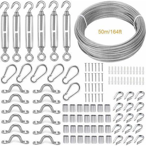 Corde en Acier Inoxydable à Suspendre Kit,50M/2mm Cable en Acier Inoxydable Revêtu,avec M5 Tendeur Câble et Crochet,Accessoires de Cable Inox Pour Rambarde,Cordes à linge,Cable Suspension (1/5)