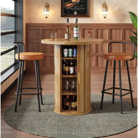 Mesa alta redonda con almacenamiento, 60 x 60 x 91,6 cm, MDF y metal, efecto madera HAVRYA (1/5)