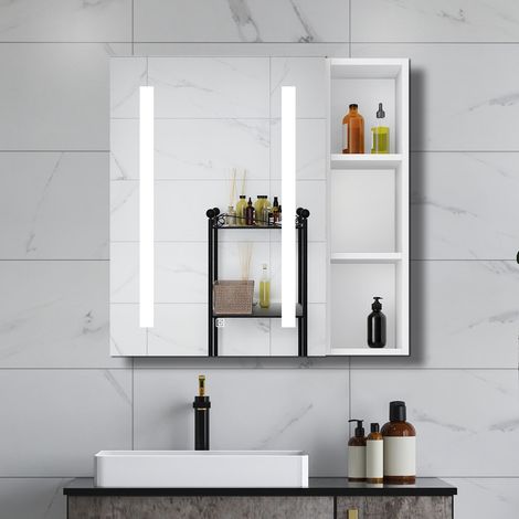 Armario con espejo de baño Armario con 3 estantes,70 x 60 cm, luz LED con 3 colores + Antinieble + Brillo Ajustable (1/5)