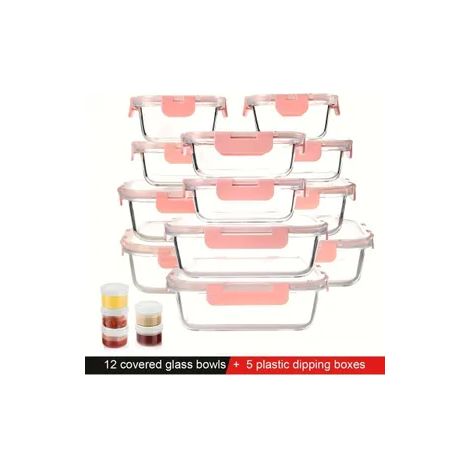 12 Stück Glas Lebensmittelbehälter + 5 Sauce Box,Verschiedene GrößenVorratsdosenset,uftdichte  auslaufsichere Lunchboxen,Meal Prep Boxen,rosa.