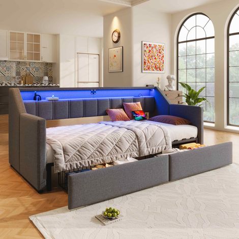 Sofá cama infantil LED 90x200cm con cama nido, 2 cajones, puerto USB + Tipo-C, sin colchón, lino, gris (1/5)