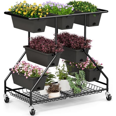COSTWAY Letto da Giardino Verticale Sollevato con 7 Vasi, Cestini di Stoccaggio, Fori di Drenaggio e 4 Ruote Bloccabili, Scaffale Portafiori da Esterno ed Interno, Piantatore Elevato a 3 Livelli per O (1/5)