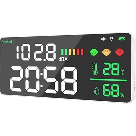 Sonomètre numérique, mesure de la température et de l'humidité, test de décibels, réveil, écran LED couleur, contrôle via application, facile à utiliser, convient aux mesures domestiques et industriel (1/5)