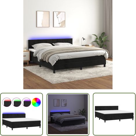 The Living Store Sommier à lattes de lit avec matelas et LED Noir 160x200 cm - Lit Plateforme - Lit Design - Lit Capitonné - Lit Velours - Lit Avec Éclairage Led (1/5)
