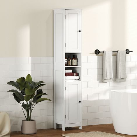 Hoher Badezimmerschrank mit 2 offenen Regalböden und 2 Schränken mit verstellbaren Einlegeböden, Holz, 30 x 30 x 170 cm, Weiß